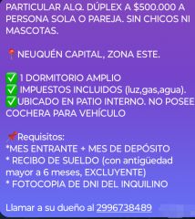 PARTICULAR ALQUILA DÚPLEX A PAREJA O PERSONA SOLA, SIN CHICOS NI MASCOTAS $500.000